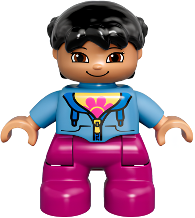 Минифигурка Lego Duplo Figure Lego Ville, Child Girl, Magenta Legs, Medium Blue Jacket over Shirt with Flower, Black Pigtails 47205pb035